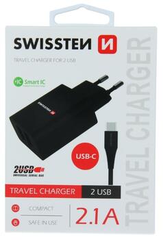 Swissten Smart IC Tīkla Lādētājs 2x USB 2.1A ar USB-C vadu 1.2 m (SW-SET-2X2.1AWCUC-BK)