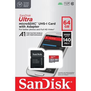 Sandisk Ultra Android microSDXC 64GB 140MB/s A1 Cl.10 UHS-I Карта памяти + Адаптер (SDSQUAB-064G-GN6MA)