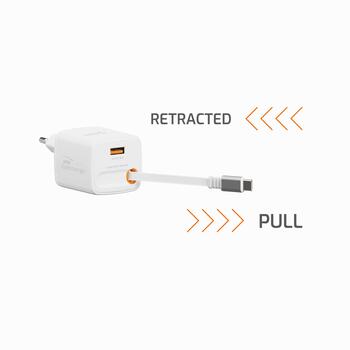 Swissten SlideCHARGE Tīkla Lādētājs GaN 45W USB-A 18W Ar ievelkamu USB-C vadu 0.75m balts (22071350)