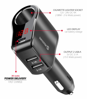 Swissten Auto Lādētājs 1x USB-C PD / 2x USB-A / CL / LED (20114020)