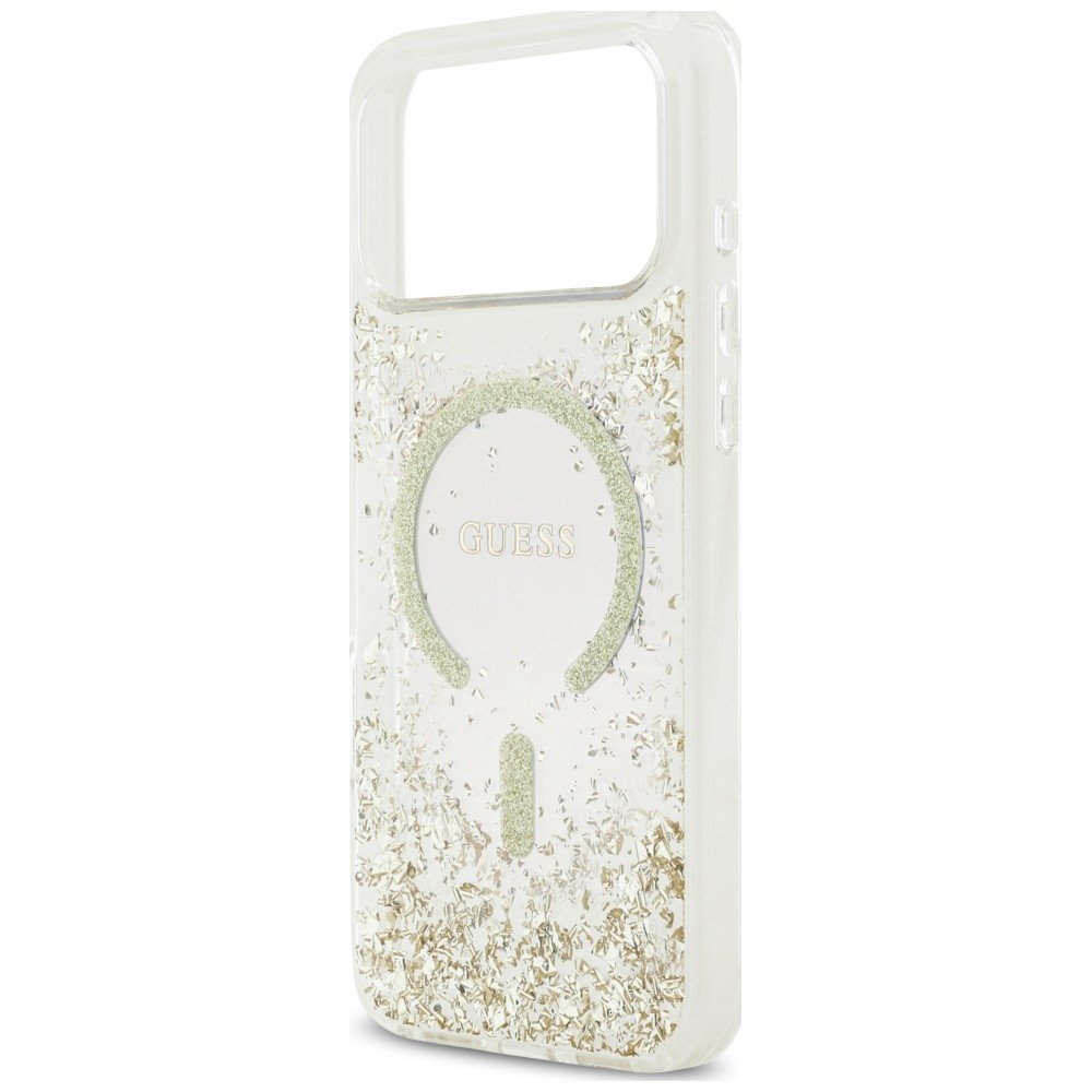Guess Resin Bottom Glitter MagSafe Case Aizsargapvalks priekš iPhone 18 Pro Max / iPhone 17 Pro Max / zelta (GUHMP18XRGRGED)