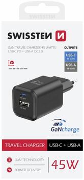 Swissten Travel Tīkla Lādētājs GaN USB-C / PD USB-A / 18W QC / 45W (22071310)