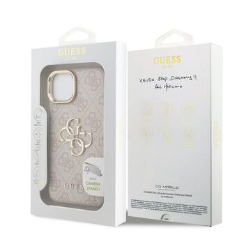 Guess PU 4G Metal Logo Stand Camera Frame Case Защитный чехол для iPhone 15 / розовый (GUHCP15SPCS4GP4P)