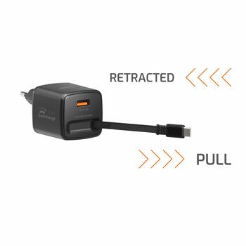 Swissten SlideCHARGE Tīkla Lādētājs GaN 45W USB-A 18W Ar ievelkamu USB-C vadu 0.75m melns (22071340)