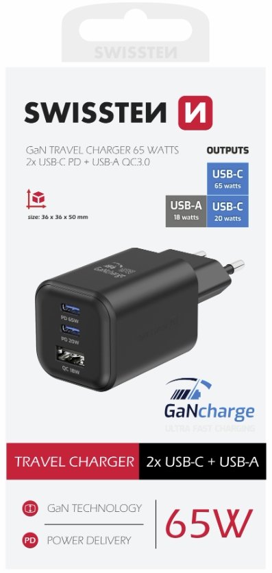 Swissten Travel 3арядное устройство GaN 2x USB-C / PD USB-A / 18W QC / 65W (22071410)