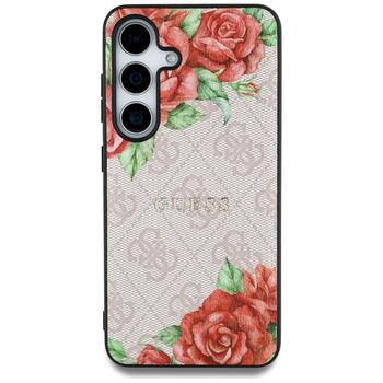 Guess Leather 4G Flowers Print Metal Classic Logo MagSafe Защитный чехол для Samsung Galaxy S25 / розовый (GUHMS25SP4ROPEMCP)