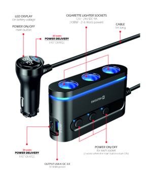 Swissten Автомобильная зарядка 2x USB-C PD / 1x USB-A QA 3.0 / 3x CL (20114010)