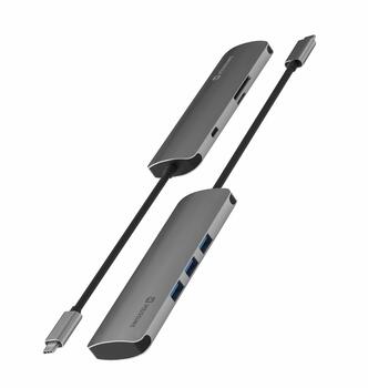 Swissten USB-C Sadalītājs 6in1 ar 3X USB 3.0 / 1X USB-C Power Delivery / 1X microSD / 1X SD / Alumīnija korpuss (SW-USBC-6IN1)
