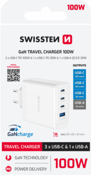 Swissten Travel Charger Core Gan 2x USB-C PD 100W / USB-C 20W / USB-A QC 30W QC 3арядное устройство (22071610)