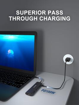 Swissten Daudzportu klēpjdatora dokstacija USB-C Hub 7in1 USB-C 100W / HDMI 4K / USB-A 3.0 / 2x USB-A 2.0 / SD / MicroSD (44040202)