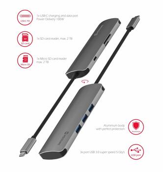 Swissten USB-C Sadalītājs 6in1 ar 3X USB 3.0 / 1X USB-C Power Delivery / 1X microSD / 1X SD / Alumīnija korpuss (SW-USBC-6IN1)
