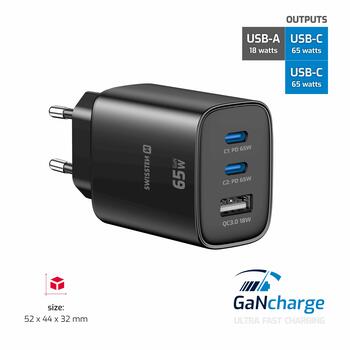 Swissten Edge Сетевое зарядное устройство 2x USB-C PD 65W + USB-A QC 18W Черный (22071721)