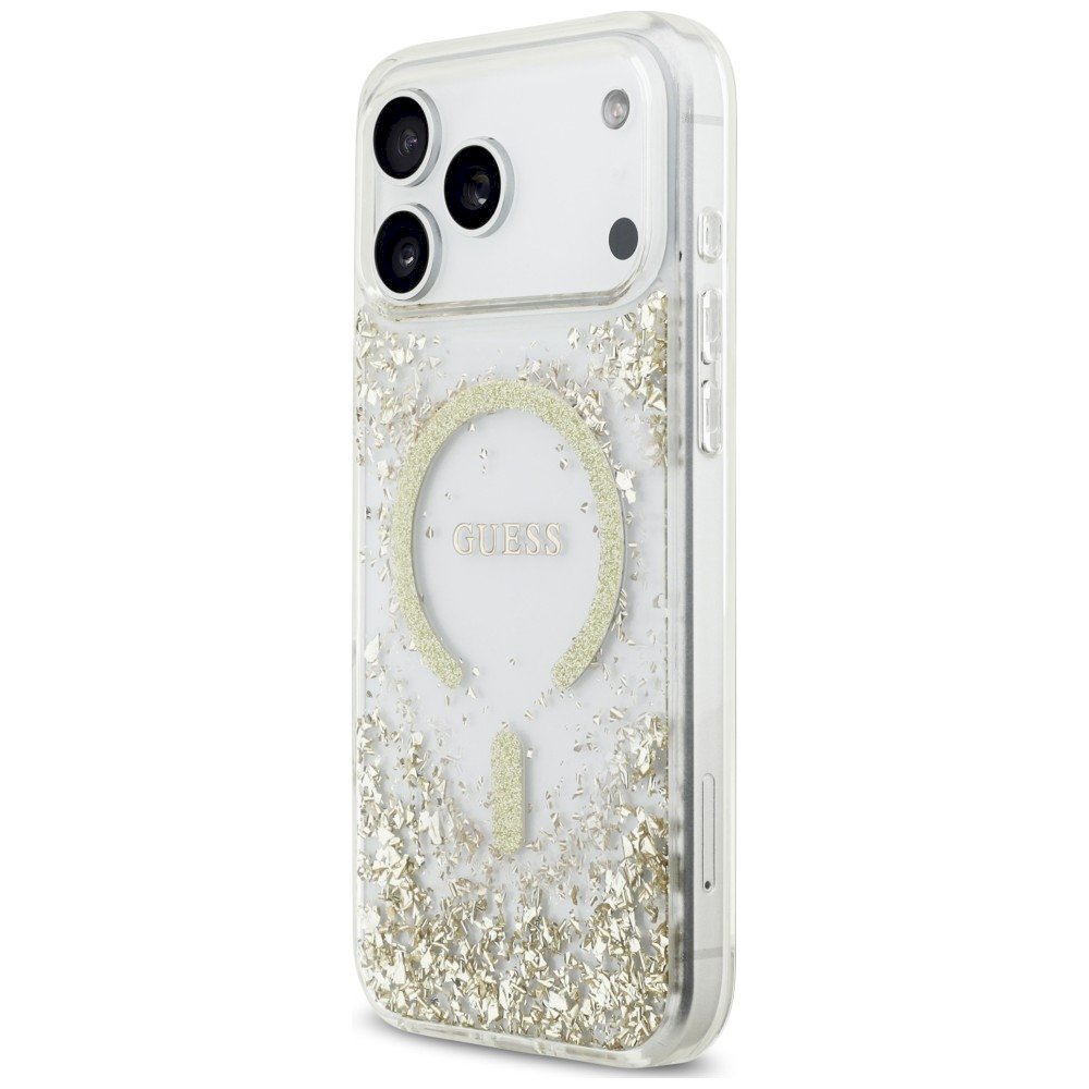 Guess Resin Bottom Glitter MagSafe Case Aizsargapvalks priekš iPhone 18 Pro Max / iPhone 17 Pro Max / zelta (GUHMP18XRGRGED)