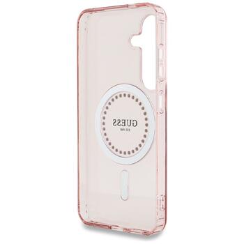 Case Guess Rhinestones Printed Classic Logo MagSafe Защитный чехол для Samsung Galaxy S25 / розовый (GUHMS25SPFTDTEP)
