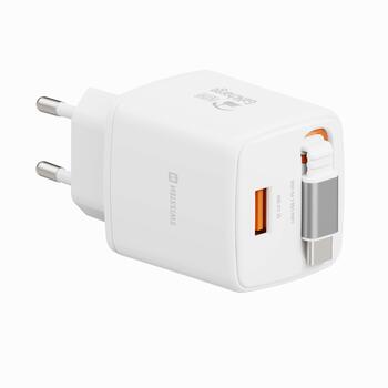Swissten SlideCHARGE Tīkla Lādētājs GaN 45W USB-A 18W Ar ievelkamu USB-C vadu 0.75m balts (22071350)