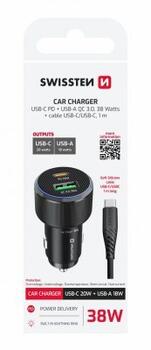 Swissten PD USB-C / USB Automašīnas Lādētājs 38W ar USB-C - USB-C Kabeli 1m (20111908)