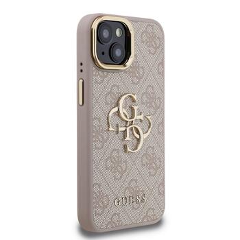 Guess PU 4G Metal Logo Stand Camera Frame Case Защитный чехол для iPhone 15 / розовый (GUHCP15SPCS4GP4P)