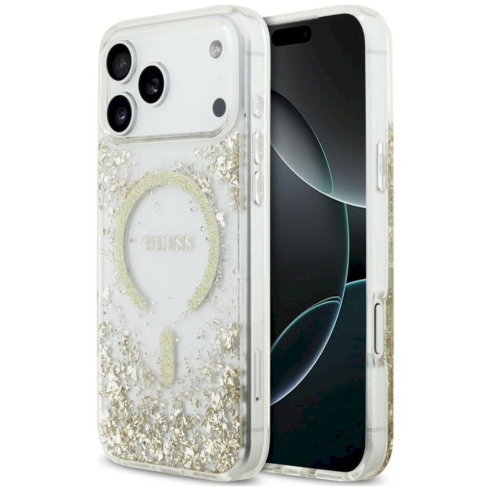 Guess Resin Bottom Glitter MagSafe Case Aizsargapvalks priekš iPhone 18 Pro Max / iPhone 17 Pro Max / zelta (GUHMP18XRGRGED)