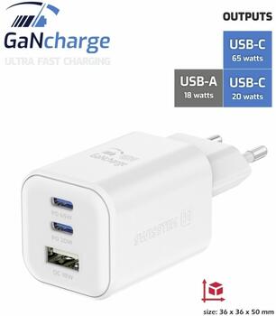 Swissten Travel 3арядное устройство GaN 2x USB-C / PD USB-A / 18W QC / 65W (22071400)