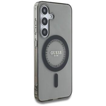 Case Guess Rhinestones Printed Classic Logo MagSafe Aizsargapvalks priekš Samsung Galaxy S25 / melns (GUHMS25SPFTDTEK)