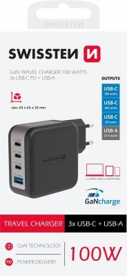 Swissten GaN 3x USB-C PD 100W / USB-A 18W QC Tīkla Lādētājs (22071600)