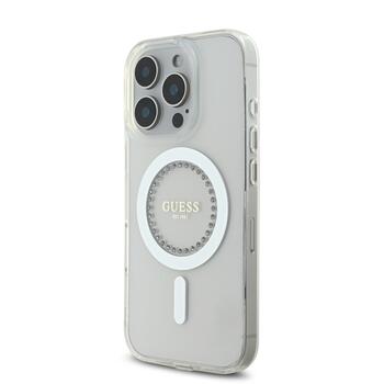 Guess IML Rhinestones Ring MagSafe Case Aizsargapvalks priekš iPhone 16 Pro / balts (GUHMP16LPFTDTEH)