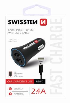 Swissten Auto Lādētājs 12 / 24V / 1A + 2.1A + USB-C Datu Kabelis 1m (SW-CCH-2.4ATYPC-B)