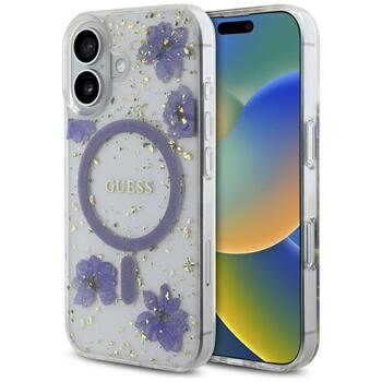 Case Guess Resin Flowers Glitter MagSafe Защитный чехол для iPhone 16 / фиолетовый (GUHMP16SRBFGFGMU)