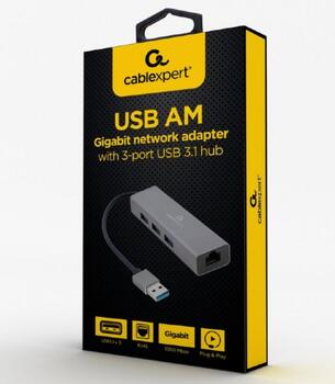 Gembird USB AM Gigabit Tīkla adapteris / 3 portu USB 3.0 Hubs (A-AMU3-LAN-01)