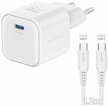 Swissten 3арядное устройство GaN USB-C 20W PD + Kабель для передачи данных USB-C-USB-C 1.2m (22070120)