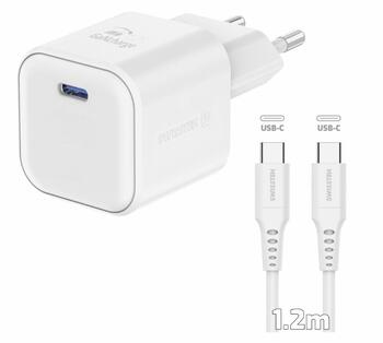 Swissten 3арядное устройство GaN USB-C 35W PD + Kабель для передачи данных USB-C - USB-C 1.2m (22070220)