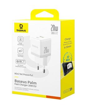 Baseus Palm Fast Charger Зарядное устройство USB-A + USB-C 20W / белый (P10111608213-00)