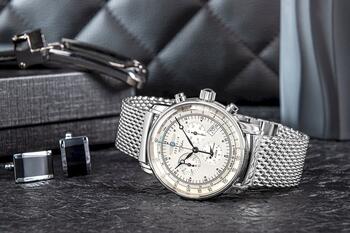 Zeppelin 100 Jahre Quartz Chronograph Vīriešu Pulkstenis 42mm Silver Dial Stainless Steel Mesh Bracelet (7680M-1)
