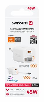 Swissten SlideCHARGE Tīkla Lādētājs GaN 45W USB-A 18W Ar ievelkamu USB-C vadu 0.75m balts (22071350)