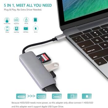 RoGer USB-C Hub 5in1 ar USB 3.0 x2 / HDMI / SD karšu lasītāju / TF karšu lasītāju (RO-5IN1HUB)