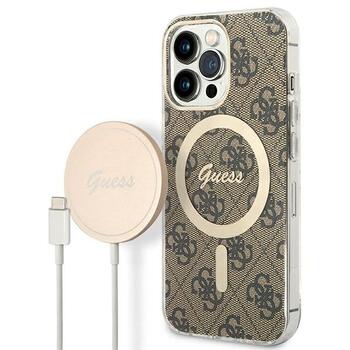 Guess Set GUBPP13LH4EACSW Case+ Charger Hard Case 4G Print MagSafe Aizsargapvalks priekš iPhone 13 Pro / brūns (GUBPP13LH4EACSW)
