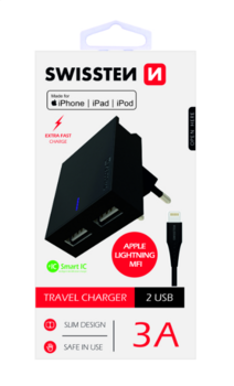 Swissten MFI Apple Сертифицированное Зарядное устройство USB 3А / 15W С проводом Lightning 1.2m (SW-DET-3AWCLMFI-BK)