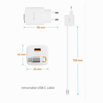 Swissten SlideCHARGE Tīkla Lādētājs GaN 45W USB-A 18W Ar ievelkamu USB-C vadu 0.75m balts (22071350)