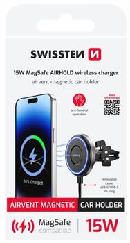 Swissten Airhold Магнитный автомобильный держатель с беспроводным зарядным устройством 15W / 7.5W (совместим с MagSafe) (65010801)