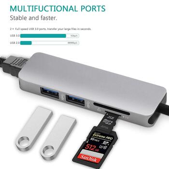 RoGer USB-C Hub 5in1 ar USB 3.0 x2 / HDMI / SD karšu lasītāju / TF karšu lasītāju (RO-5IN1HUB)