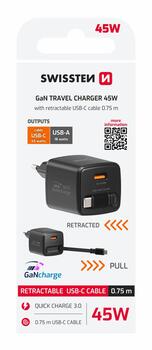 Swissten SlideCHARGE Tīkla Lādētājs GaN 45W USB-A 18W Ar ievelkamu USB-C vadu 0.75m melns (22071340)