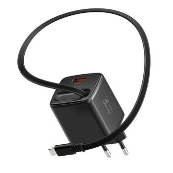 Swissten SlideCHARGE Tīkla Lādētājs GaN 45W USB-A 18W Ar ievelkamu USB-C vadu 0.75m melns (22071340)