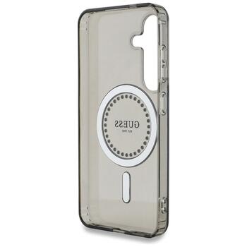 Case Guess Rhinestones Printed Classic Logo MagSafe Aizsargapvalks priekš Samsung Galaxy S25 / melns (GUHMS25SPFTDTEK)