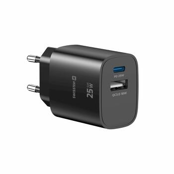 Swissten Travel 3арядное устройство Edge GaN USB-A 18W / USB-C 25W black (22071714)