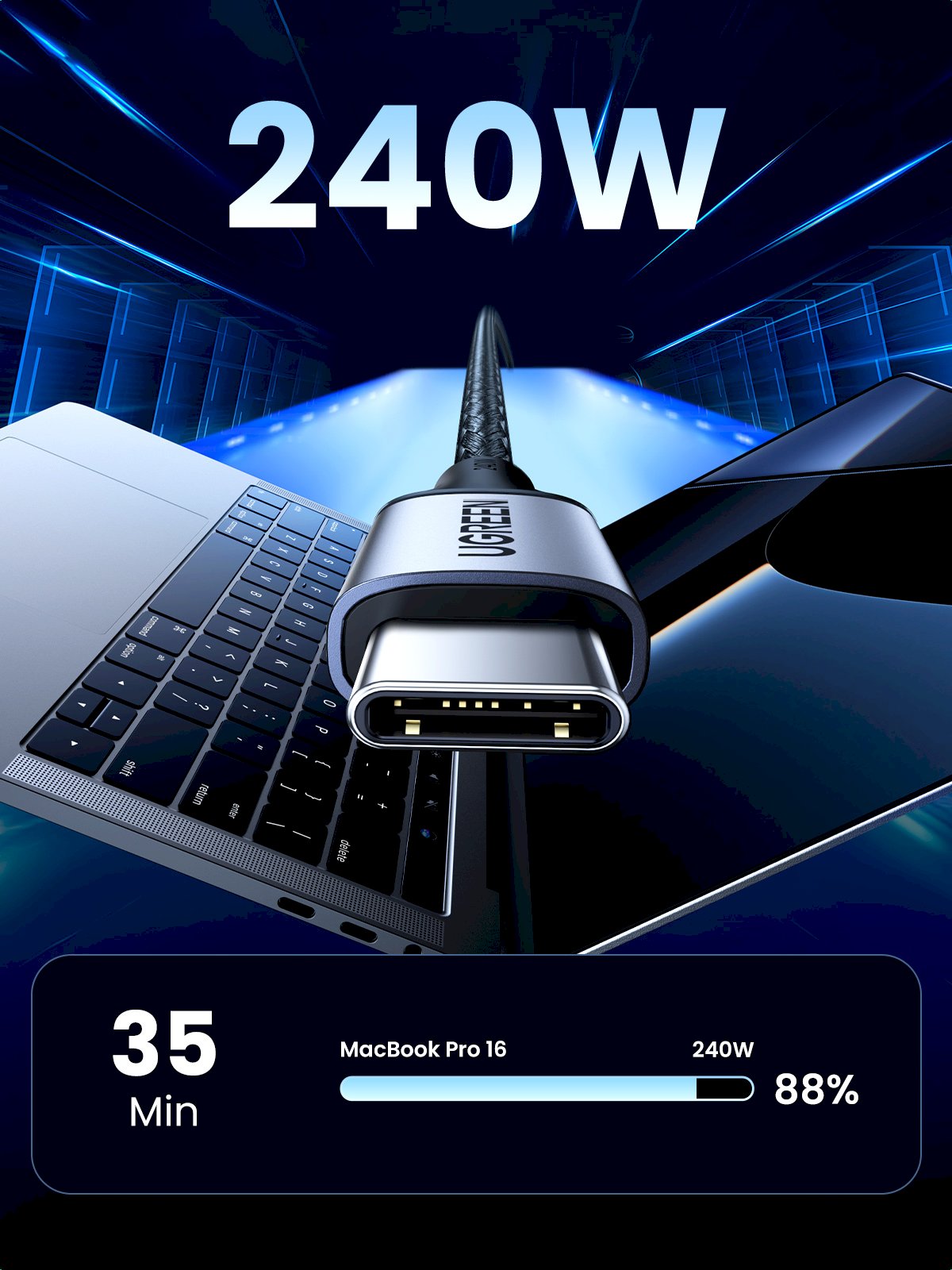 UGREEN 15311 USB-C uz USB-C uzlādes kabelis 240W 1m 4.8 Gbit/s / pelēks (UG-15311)