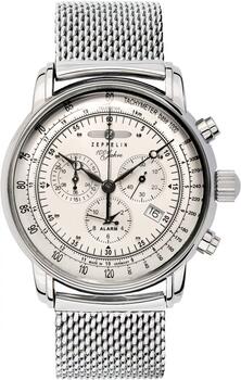 Zeppelin 100 Jahre Quartz Chronograph Vīriešu Pulkstenis 42mm Silver Dial Stainless Steel Mesh Bracelet (7680M-1)