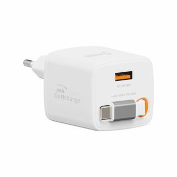 Swissten SlideCHARGE Tīkla Lādētājs GaN 45W USB-A 18W Ar ievelkamu USB-C vadu 0.75m balts (22071350)