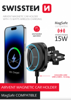 Swissten Magstick Авто Держатель с Беспроводной Зарядкой 15W (65010611)