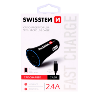 Swissten Auto Lādētājs 12V - 24V / 1A + 2.1A un Micro USB vads 1.5m (SW-CCH-2.4AX2-B)