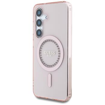 Case Guess Rhinestones Printed Classic Logo MagSafe Защитный чехол для Samsung Galaxy S25 / розовый (GUHMS25SPFTDTEP)
